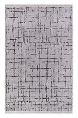 Gray area rug with black abstract pattern on a white background