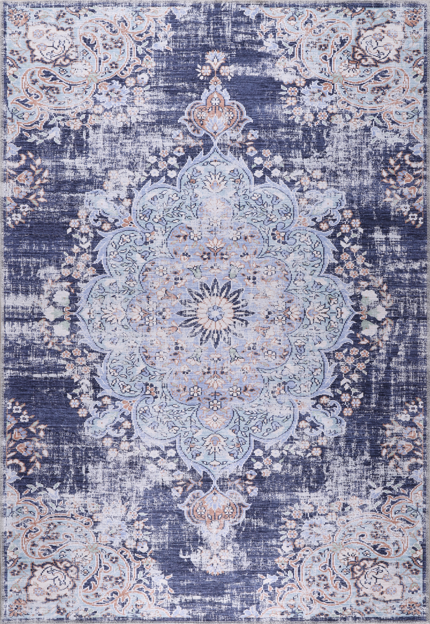 Decorative rug with intricate pattern in blue and white