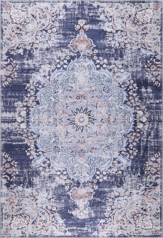 Decorative rug with intricate pattern in blue and white