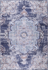 Decorative rug with intricate pattern in blue and white
