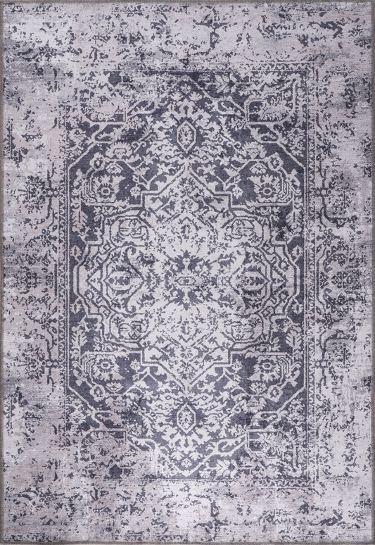 Decorative rug with intricate pattern on a light gray background
