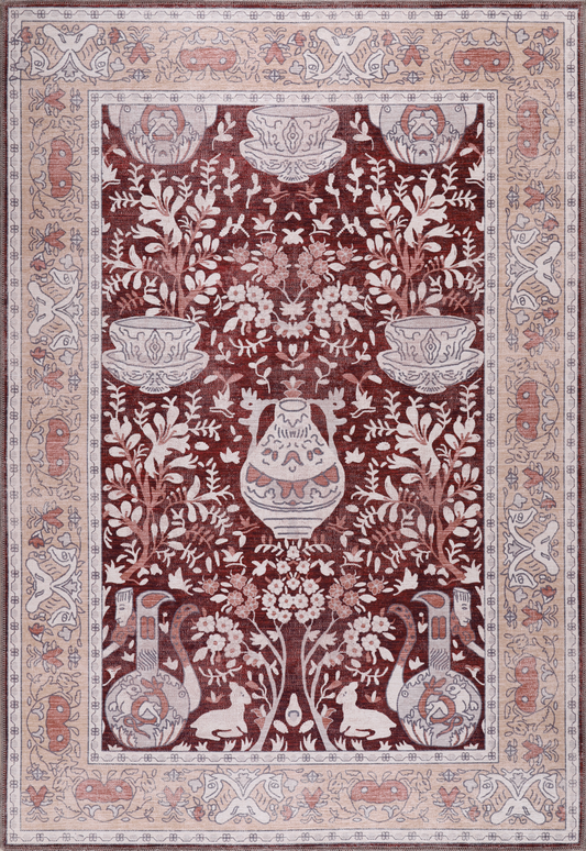 Decorative rug with intricate patterns and designs on a red and beige background