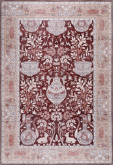 Decorative rug with intricate patterns and designs on a red and beige background