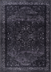 Dark gray area rug with intricate patterns on a matching background