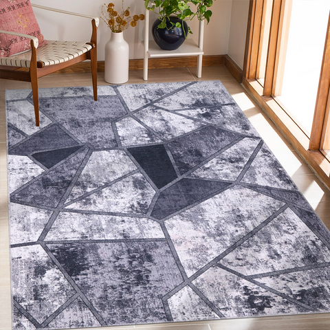 Rugs Depot Geometric Black & White Patchwork Washable Rug Design 4001