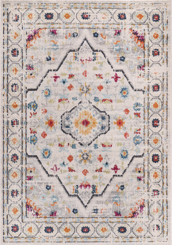 Decorative rug with a multicolored geometric pattern on a white background