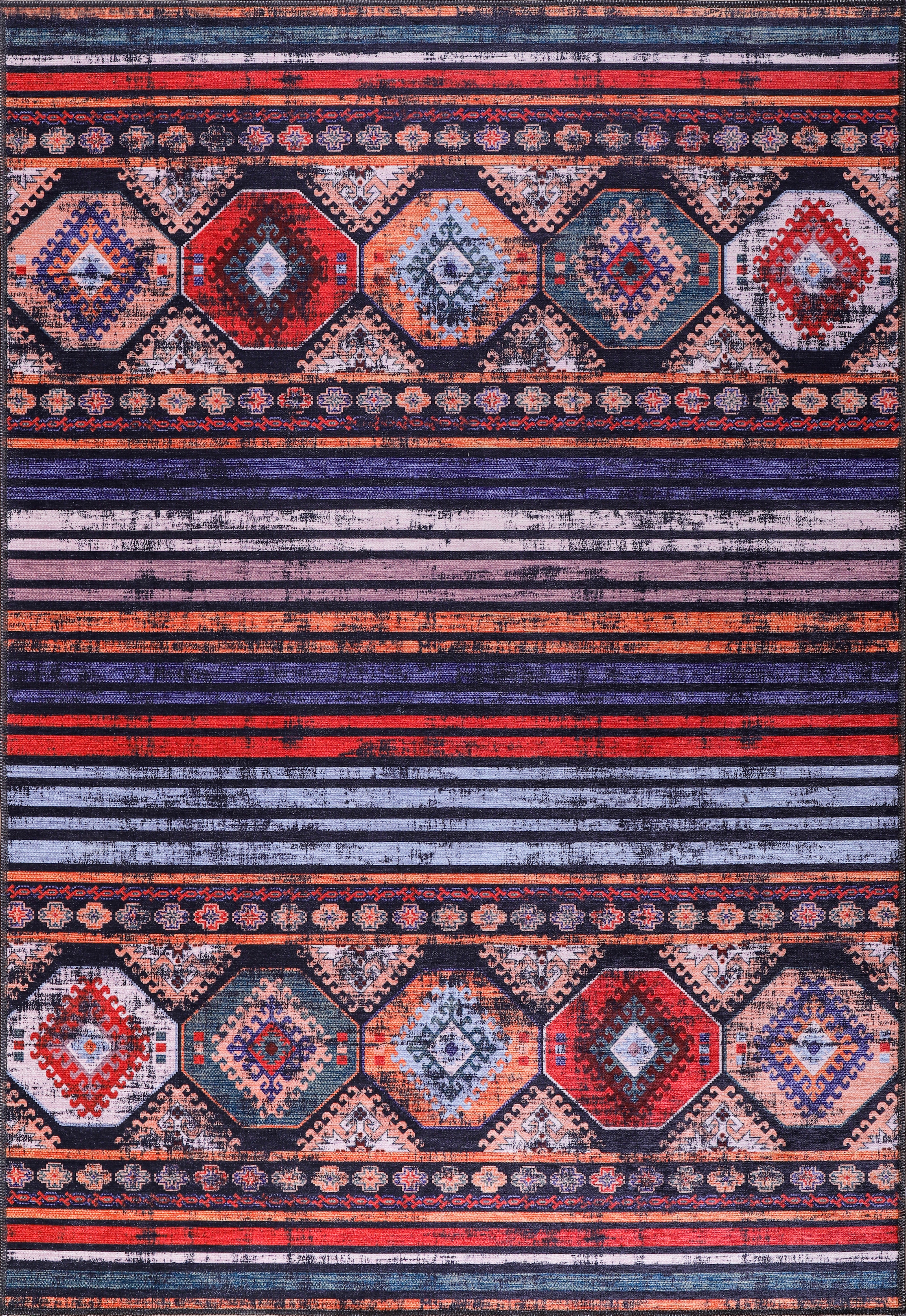 Multicolored striped and patterned rug with geometric designs.
