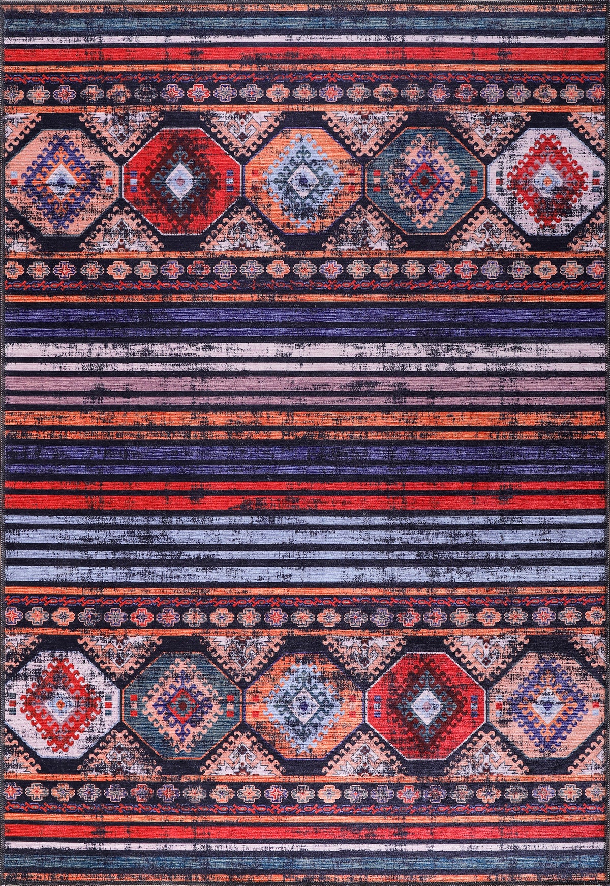 Multicolored striped and patterned rug with geometric designs.