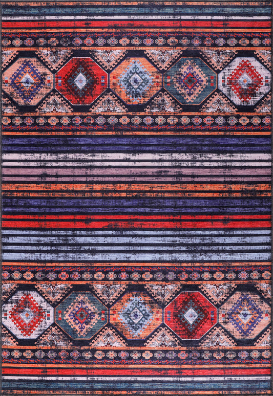 Multicolored striped and patterned rug with geometric designs.