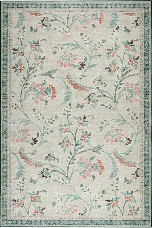 Eco-Washable Green Rug Floral Design