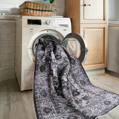 Rugs Depot RW1003 – Machine Washable Persian Medallion Rug | Vintage Black & White Oriental Carpet with Blue Accents for Living Room, Bedroom & Dining