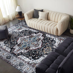 Rugs Depot RW1003 – Machine Washable Persian Medallion Rug | Vintage Black & White Oriental Carpet with Blue Accents for Living Room, Bedroom & Dining