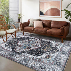 Rugs Depot RW1003 – Machine Washable Persian Medallion Rug | Vintage Black & White Oriental Carpet with Blue Accents for Living Room, Bedroom & Dining