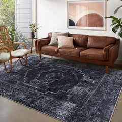 Rugs Depot RW1007 – Machine Washable Distressed Black Rug | Modern Vintage Medallion Carpet for Living Room, Bedroom & Office
