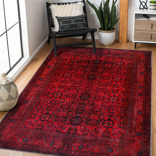 Rugs Depot RW1001 – Machine Washable Red Afghan Pattern Area Rug | Traditional Oriental Geometric Design for Living Room, Bedroom & Office