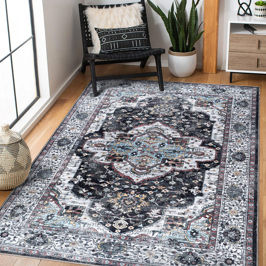 Rugs Depot RW1003 – Machine Washable Persian Medallion Rug | Vintage Black & White Oriental Carpet with Blue Accents for Living Room, Bedroom & Dining