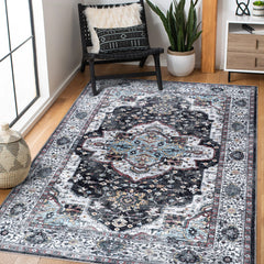 Rugs Depot RW1003 – Machine Washable Persian Medallion Rug | Vintage Black & White Oriental Carpet with Blue Accents for Living Room, Bedroom & Dining
