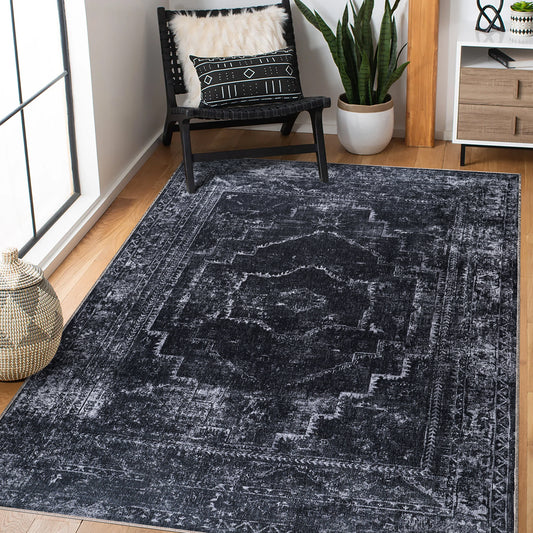 Rugs Depot RW1007 – Machine Washable Distressed Black Rug | Modern Vintage Medallion Carpet for Living Room, Bedroom & Office