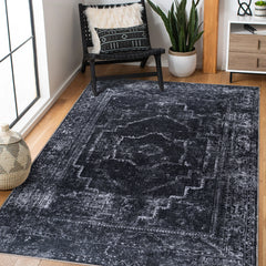 Rugs Depot RW1007 – Machine Washable Distressed Black Rug | Modern Vintage Medallion Carpet for Living Room, Bedroom & Office