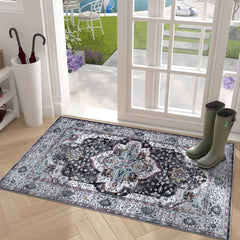 Rugs Depot RW1003 – Machine Washable Persian Medallion Rug | Vintage Black & White Oriental Carpet with Blue Accents for Living Room, Bedroom & Dining