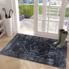 Rugs Depot RW1007 – Machine Washable Distressed Black Rug | Modern Vintage Medallion Carpet for Living Room, Bedroom & Office