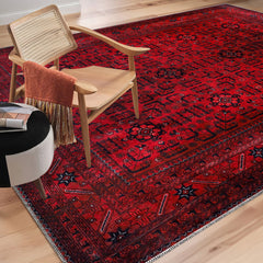 Rugs Depot RW1001 – Machine Washable Red Afghan Pattern Area Rug | Traditional Oriental Geometric Design for Living Room, Bedroom & Office