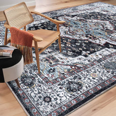Rugs Depot RW1003 – Machine Washable Persian Medallion Rug | Vintage Black & White Oriental Carpet with Blue Accents for Living Room, Bedroom & Dining