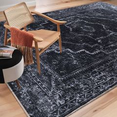 Rugs Depot RW1007 – Machine Washable Distressed Black Rug | Modern Vintage Medallion Carpet for Living Room, Bedroom & Office