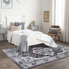 Rugs Depot RW1003 – Machine Washable Persian Medallion Rug | Vintage Black & White Oriental Carpet with Blue Accents for Living Room, Bedroom & Dining