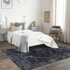 Rugs Depot RW1007 – Machine Washable Distressed Black Rug | Modern Vintage Medallion Carpet for Living Room, Bedroom & Office