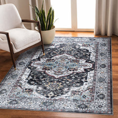 Rugs Depot RW1003 – Machine Washable Persian Medallion Rug | Vintage Black & White Oriental Carpet with Blue Accents for Living Room, Bedroom & Dining
