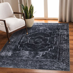 Rugs Depot RW1007 – Machine Washable Distressed Black Rug | Modern Vintage Medallion Carpet for Living Room, Bedroom & Office