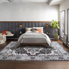 Rugs Depot RW1003 – Machine Washable Persian Medallion Rug | Vintage Black & White Oriental Carpet with Blue Accents for Living Room, Bedroom & Dining