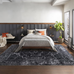 Rugs Depot RW1007 – Machine Washable Distressed Black Rug | Modern Vintage Medallion Carpet for Living Room, Bedroom & Office