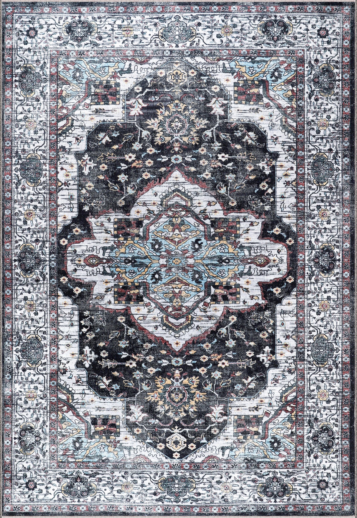 Rugs Depot RW1003 – Machine Washable Persian Medallion Rug | Vintage Black & White Oriental Carpet with Blue Accents for Living Room, Bedroom & Dining