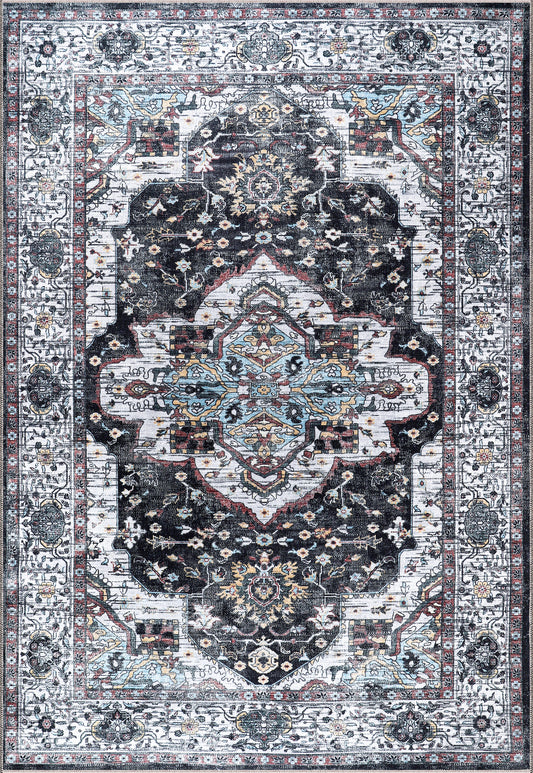 Rugs Depot RW1003 – Machine Washable Persian Medallion Rug | Vintage Black & White Oriental Carpet with Blue Accents for Living Room, Bedroom & Dining