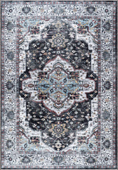 Rugs Depot RW1003 – Machine Washable Persian Medallion Rug | Vintage Black & White Oriental Carpet with Blue Accents for Living Room, Bedroom & Dining