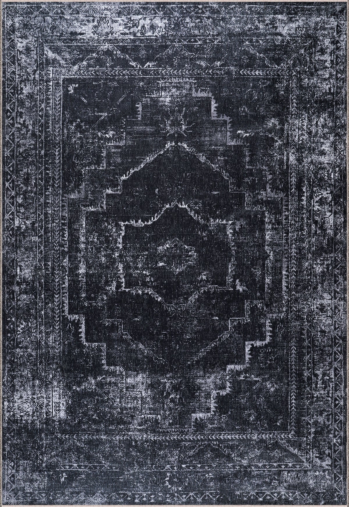 Rugs Depot RW1007 – Machine Washable Distressed Black Rug | Modern Vintage Medallion Carpet for Living Room, Bedroom & Office
