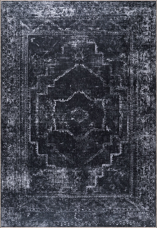 Rugs Depot RW1007 – Machine Washable Distressed Black Rug | Modern Vintage Medallion Carpet for Living Room, Bedroom & Office