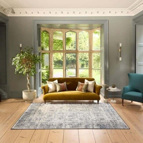 Eco-Washable Blue Rug Bordered Design