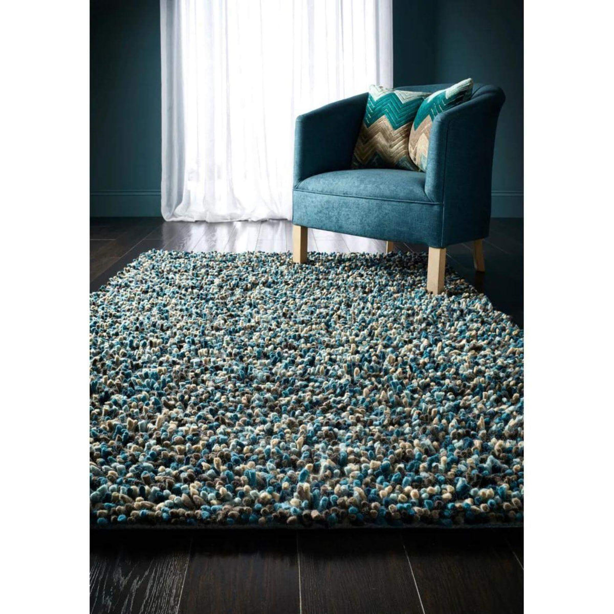 Rocks Blue Shaggy Pile Wool Rug — room photo 3
