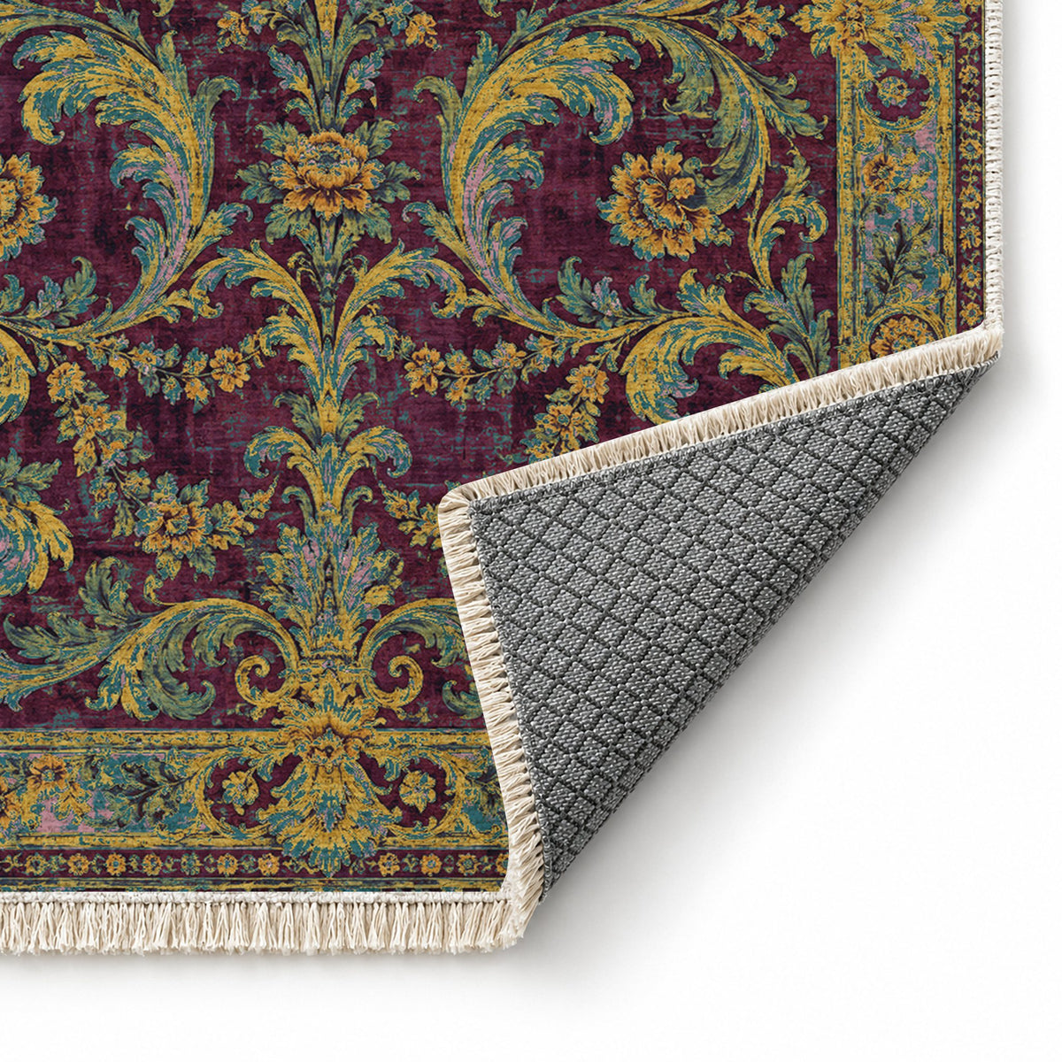 Acanthus Treasury Burgundy & Teal washable rug folded corner showing the backing