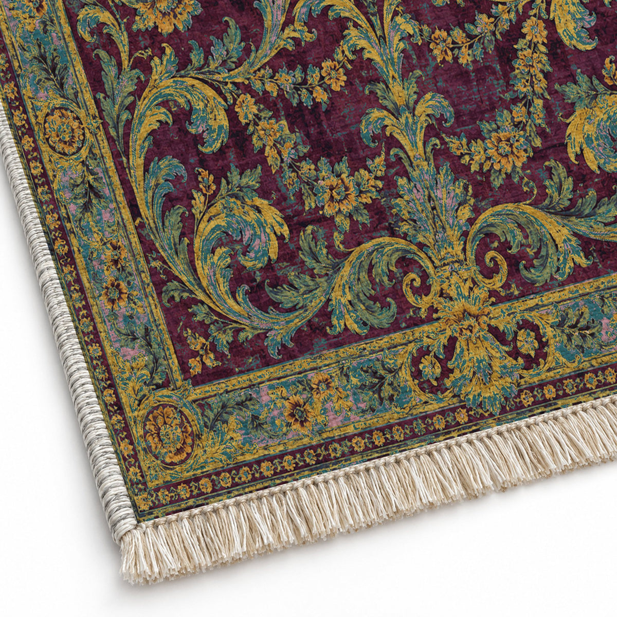 Acanthus Treasury Burgundy & Teal washable rug close-up of the printed chenille
