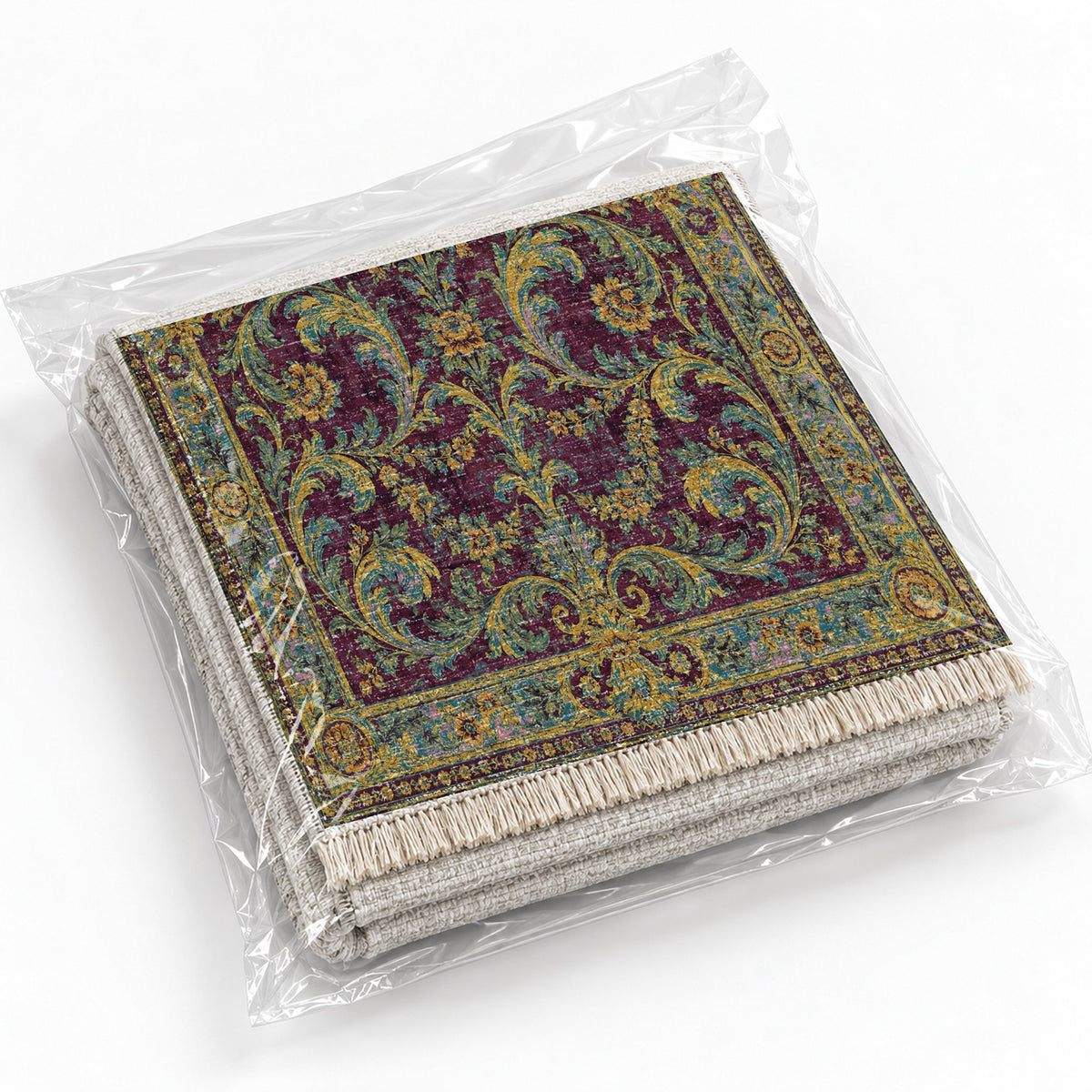 Acanthus Treasury Burgundy & Teal washable rug rolled and packaged