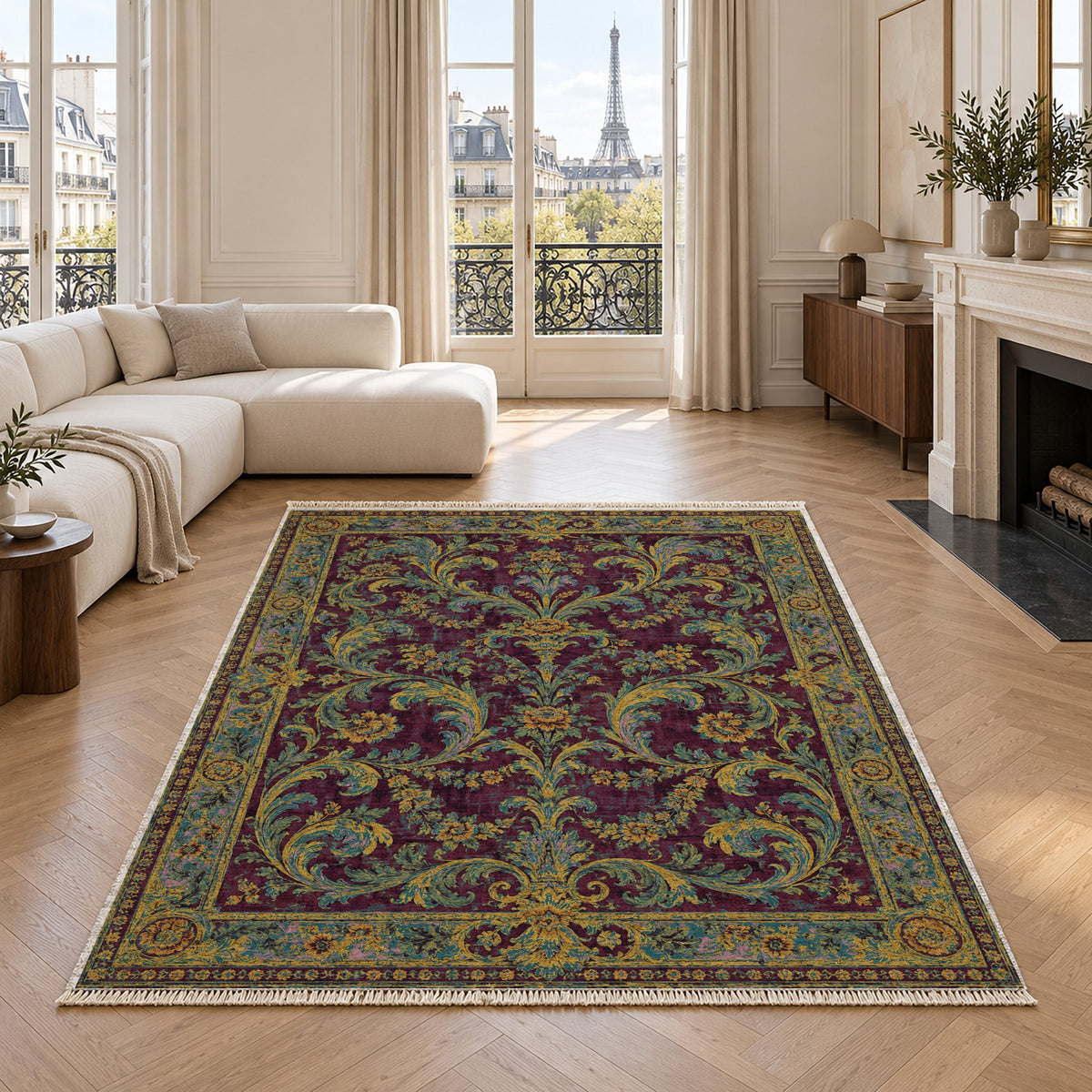 Acanthus Treasury Burgundy & Teal washable rug in a living room with an Eiffel Tower view