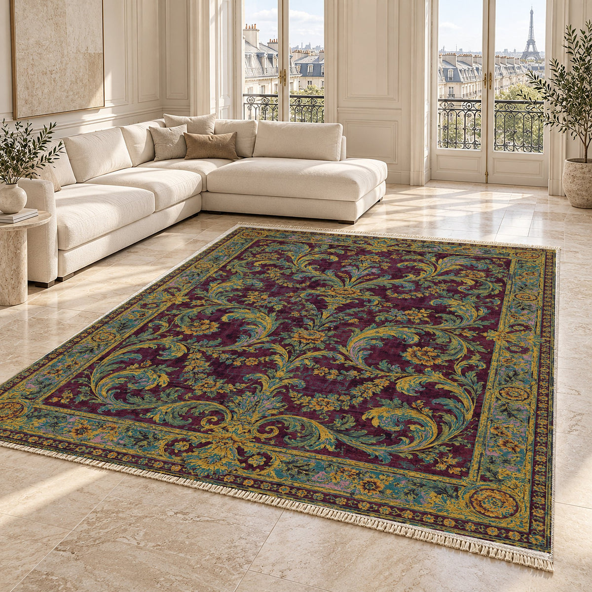 Acanthus Treasury Burgundy & Teal washable rug angled room view on marble
