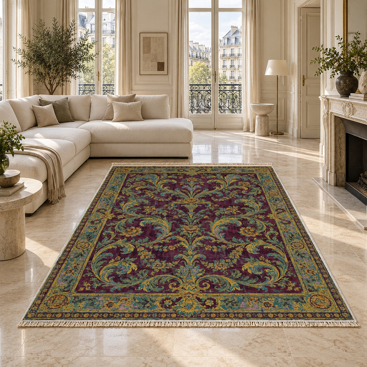 Acanthus Treasury Burgundy & Teal washable rug on a marble floor