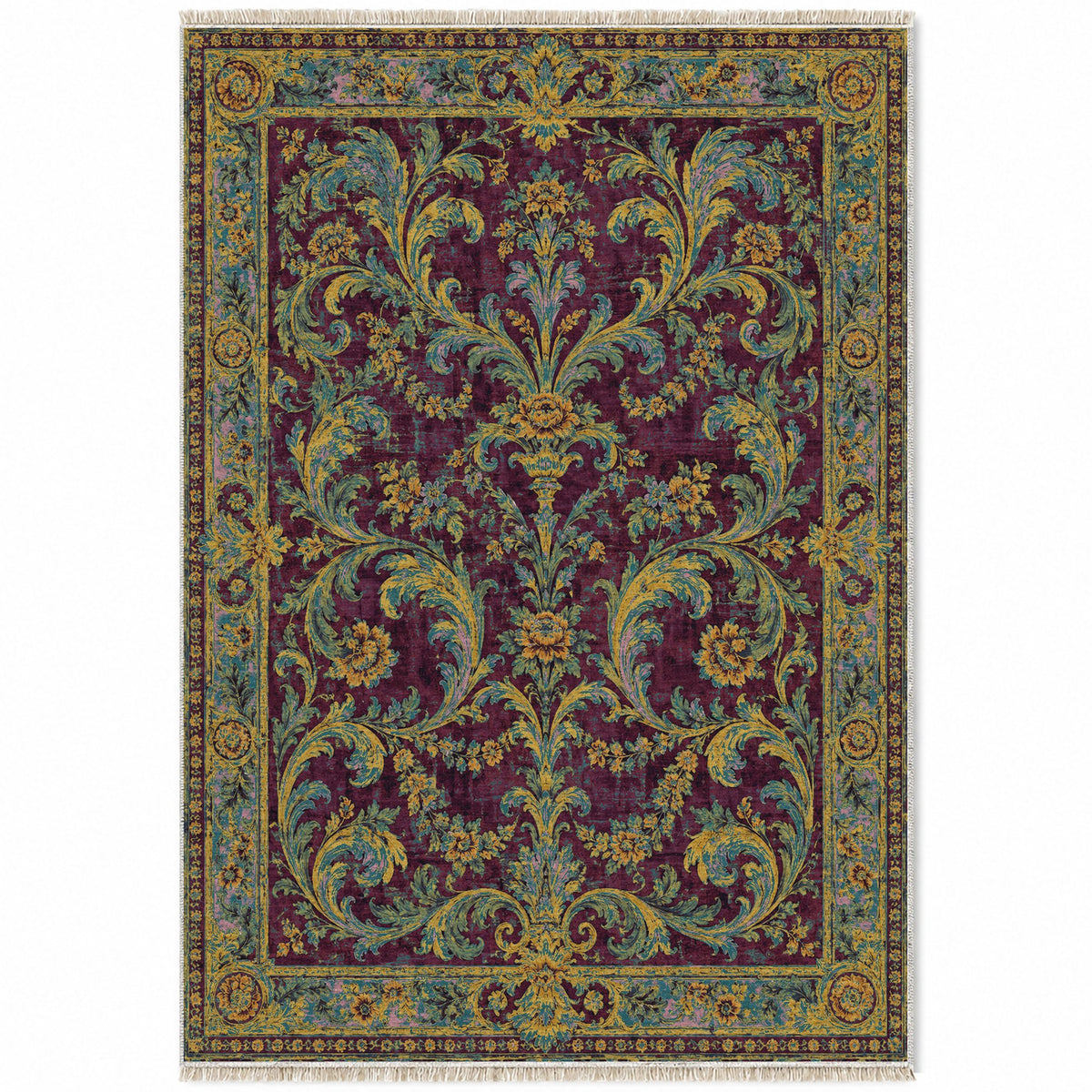 Acanthus Treasury Burgundy & Teal washable rug top view