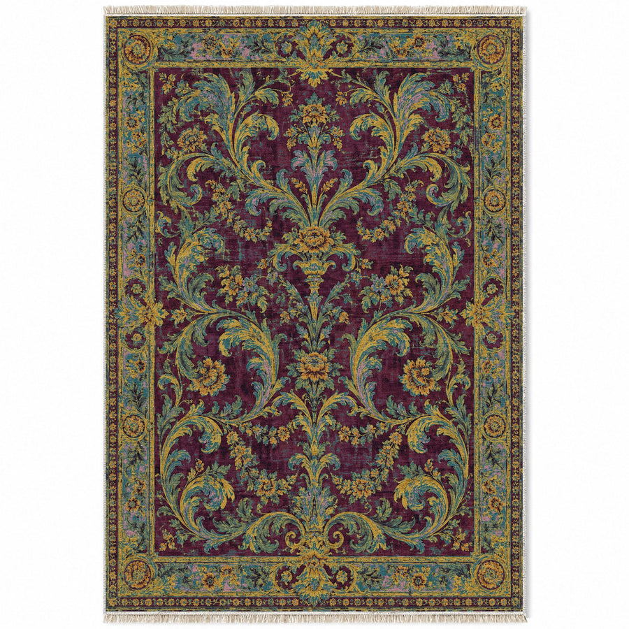 Acanthus Treasury Burgundy & Teal French Aubusson Washable Rug