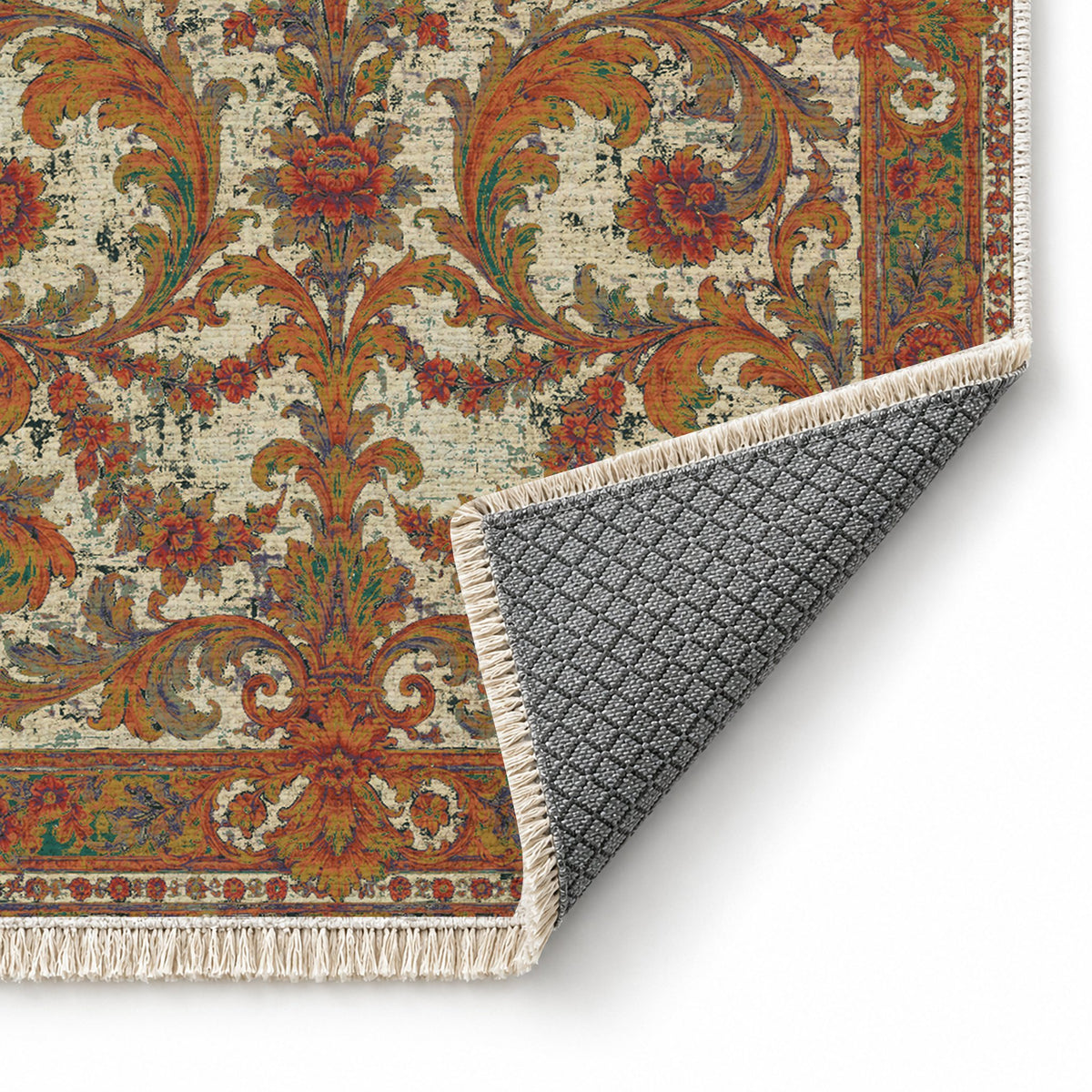Acanthus Treasury Emerald & Terracotta washable rug folded corner showing the backing